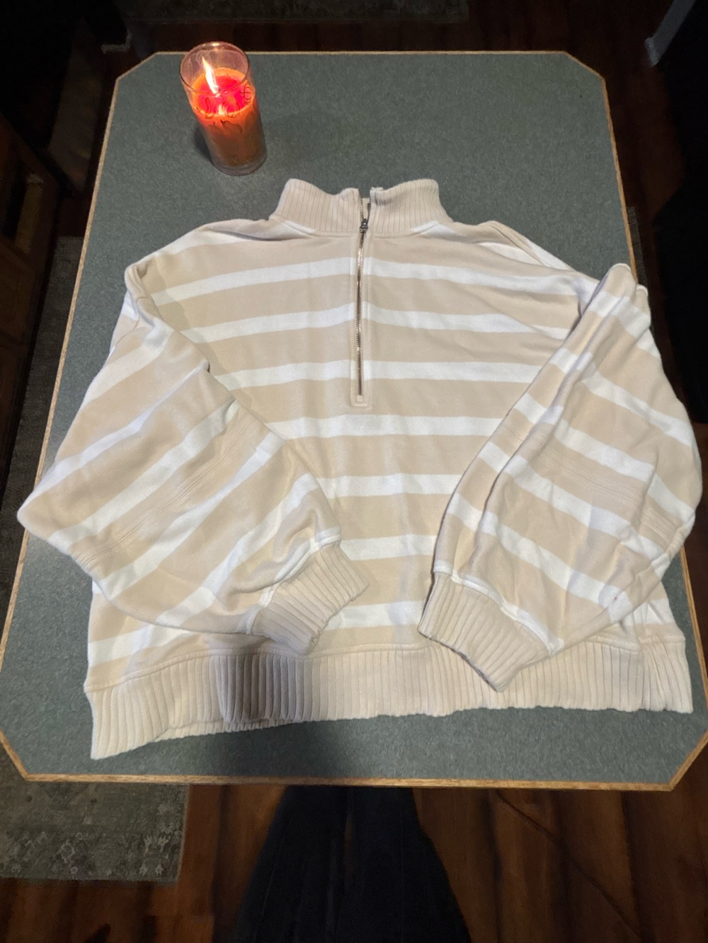 aerie Striped Half-Zip Cowl-Neck Sweater in Beige and White
